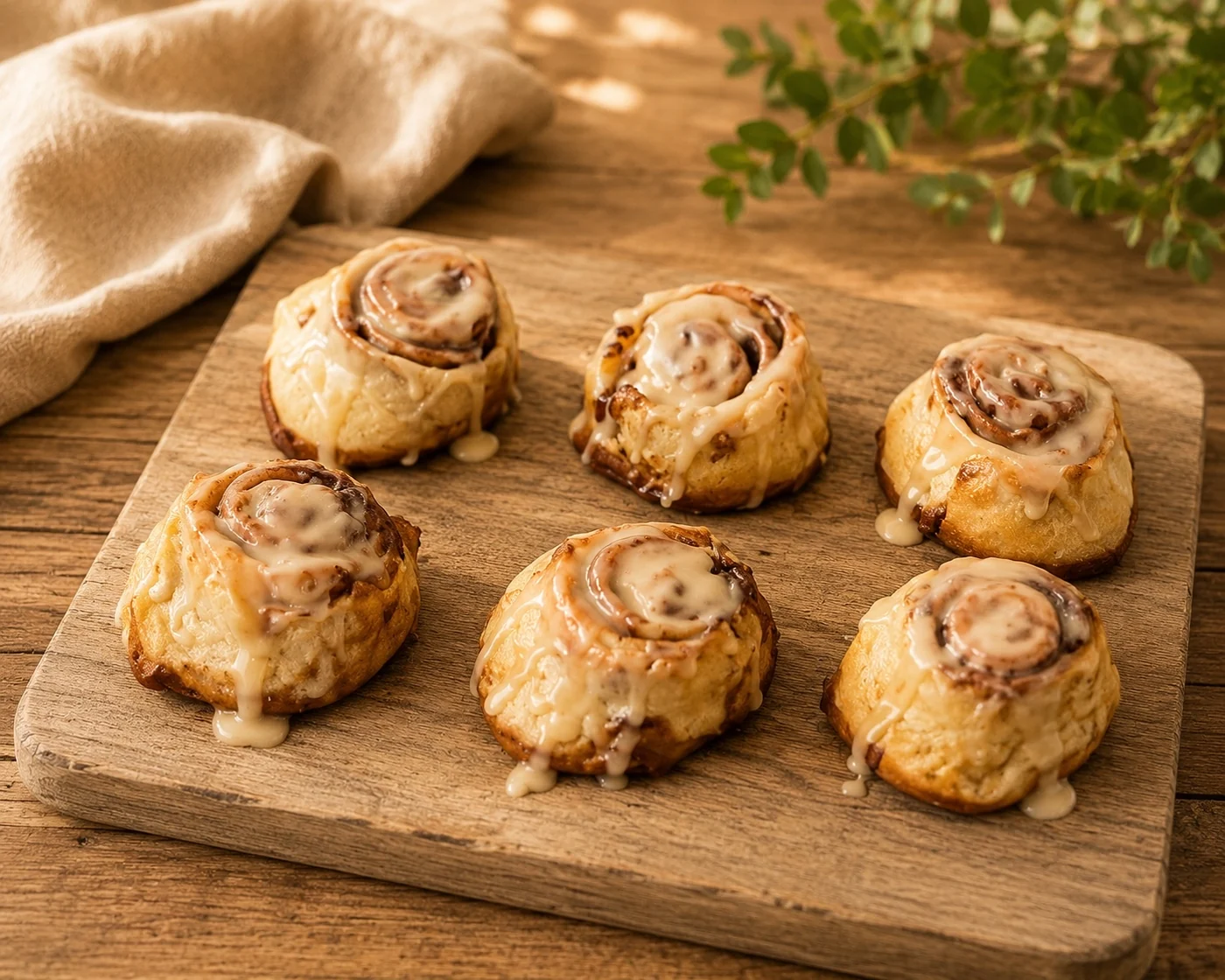 Six glazed cinnamon rolls on a wooden serving board