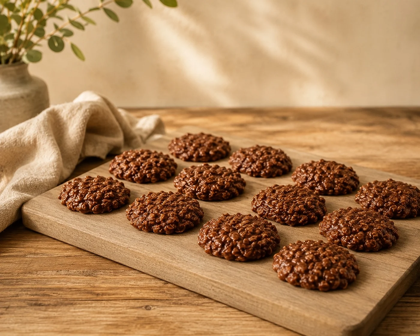 Chocolate no bake cookies arranged on a wooden board