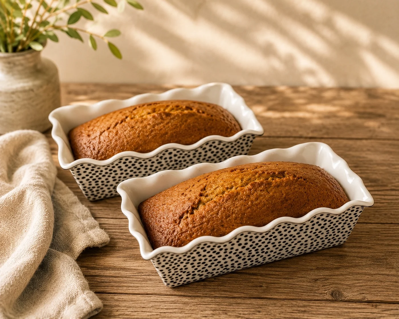 Two loaves of pumpkin bread in patterned baking dishes