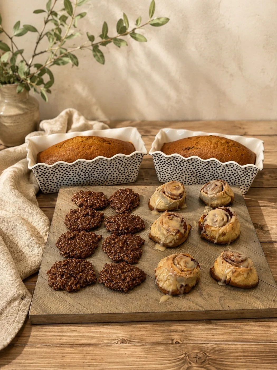 Cinnamon rolls, pumpkin bread, and no bake cookies arranged together